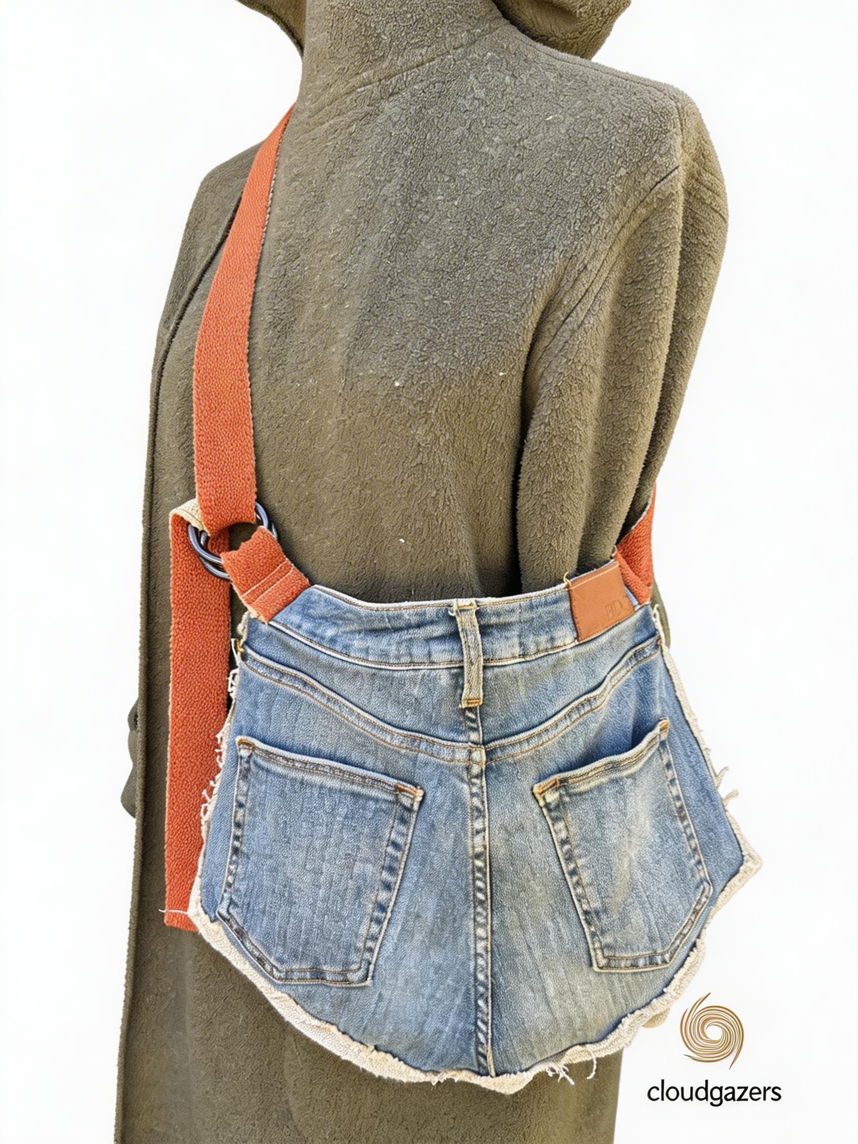 Reworked Denim & Linen Booty Bag featuring upcycled denim shorts, linen, wide orange strap, and roomy back pocket.