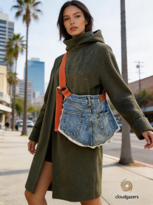 Reworked Denim & Linen Booty Bag features upcycled denim and linen with a wide orange strap and roomy back pocket.