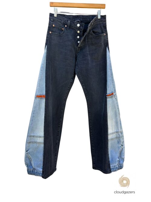 Reworked Unique Double Denims featuring black and light denim, wide leg and gathered hem, showcasing handmade clothing style.
