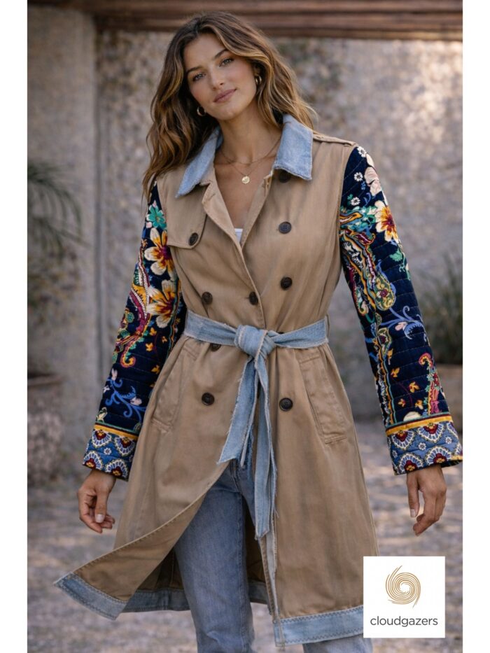 Re-imagined Trench Jacket with bold quilted floral sleeves, in warm sand, embodies handmade, sustainable fashion.