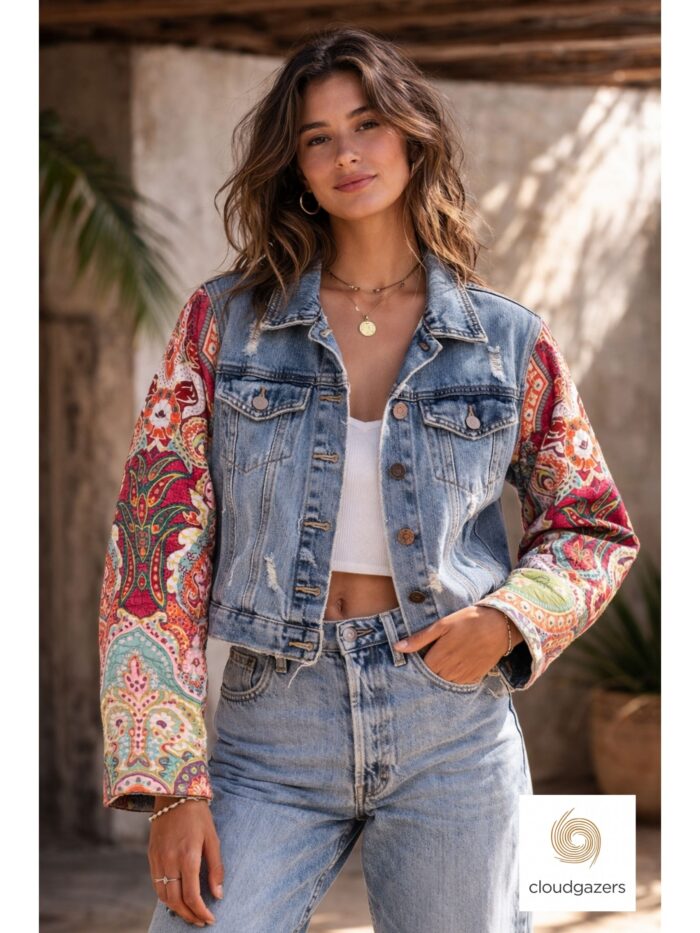 Re-imagined Paisley Denim Jacket featuring a vintage blue body and vibrant quilted paisley sleeves, showcasing sustainable fashion.