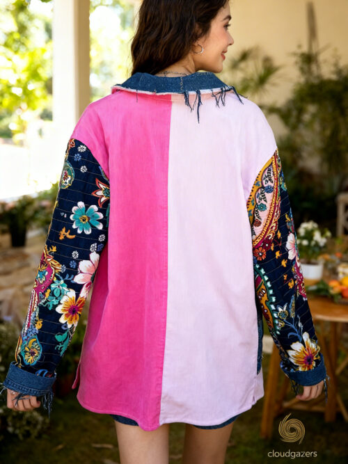 Color Block Patchwork Jacket with Denim & Floral Sleeves, featuring pink corduroy and vibrant floral patchwork. Handmade clothing.