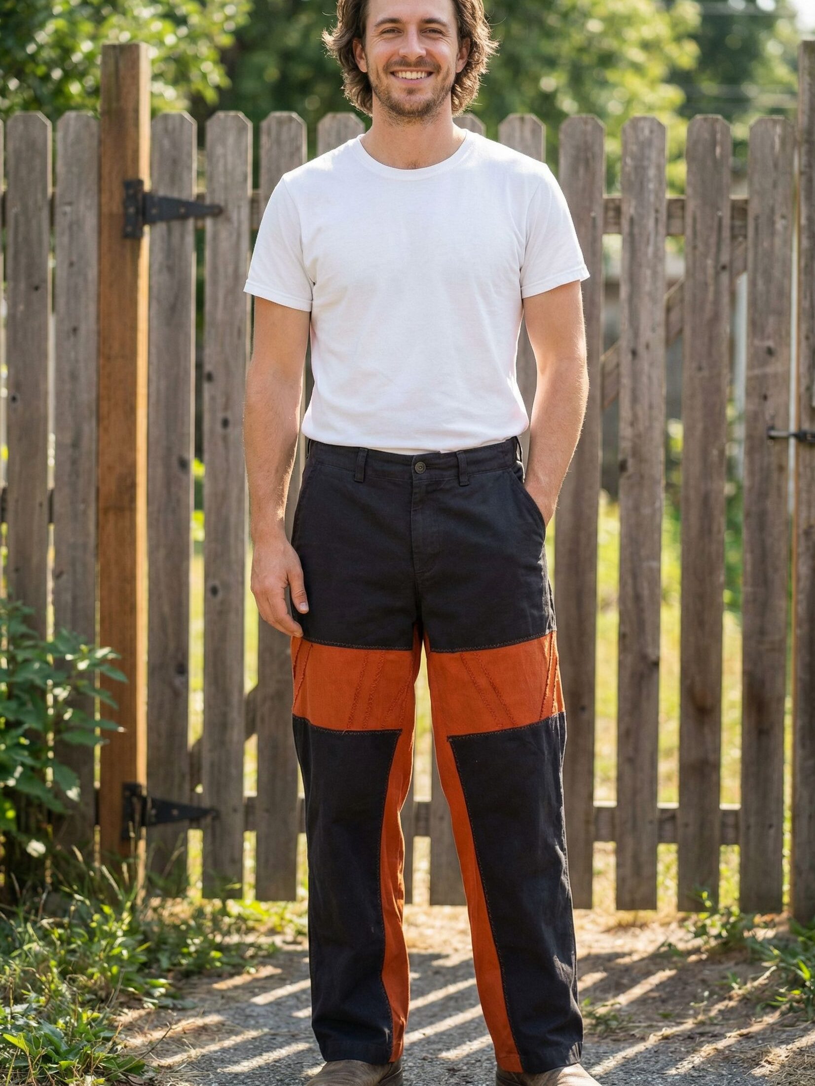 Black & Orange Color Panel Chino Pants