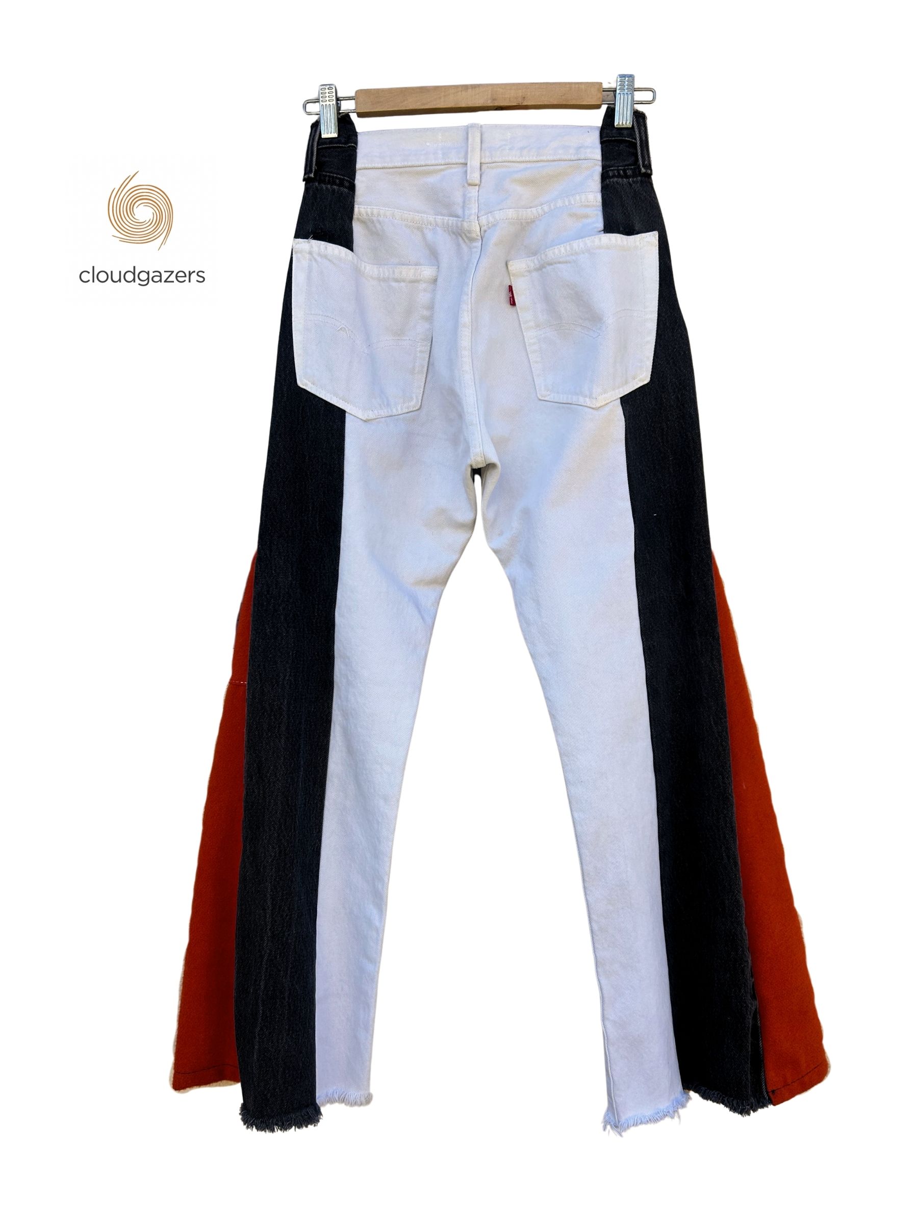 Wide Leg Colorblock Denim Patch Jeans featuring bold black and red panels, showcasing unique handmade craftsmanship.