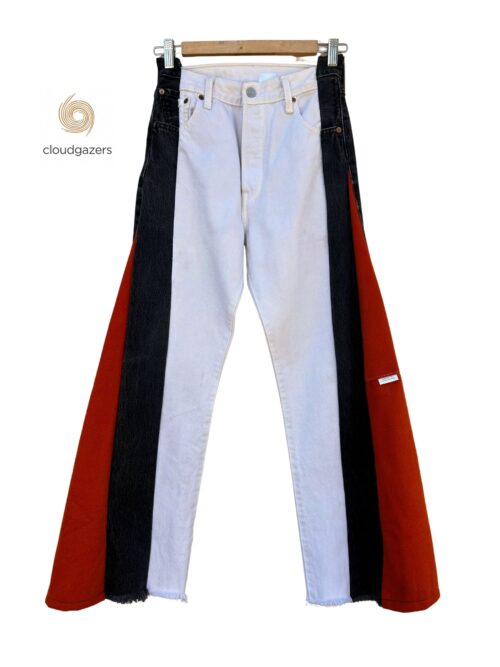 Wide Leg Colorblock Denim Patch Jeans with black and red denim panels, showcasing unique handmade clothing design.