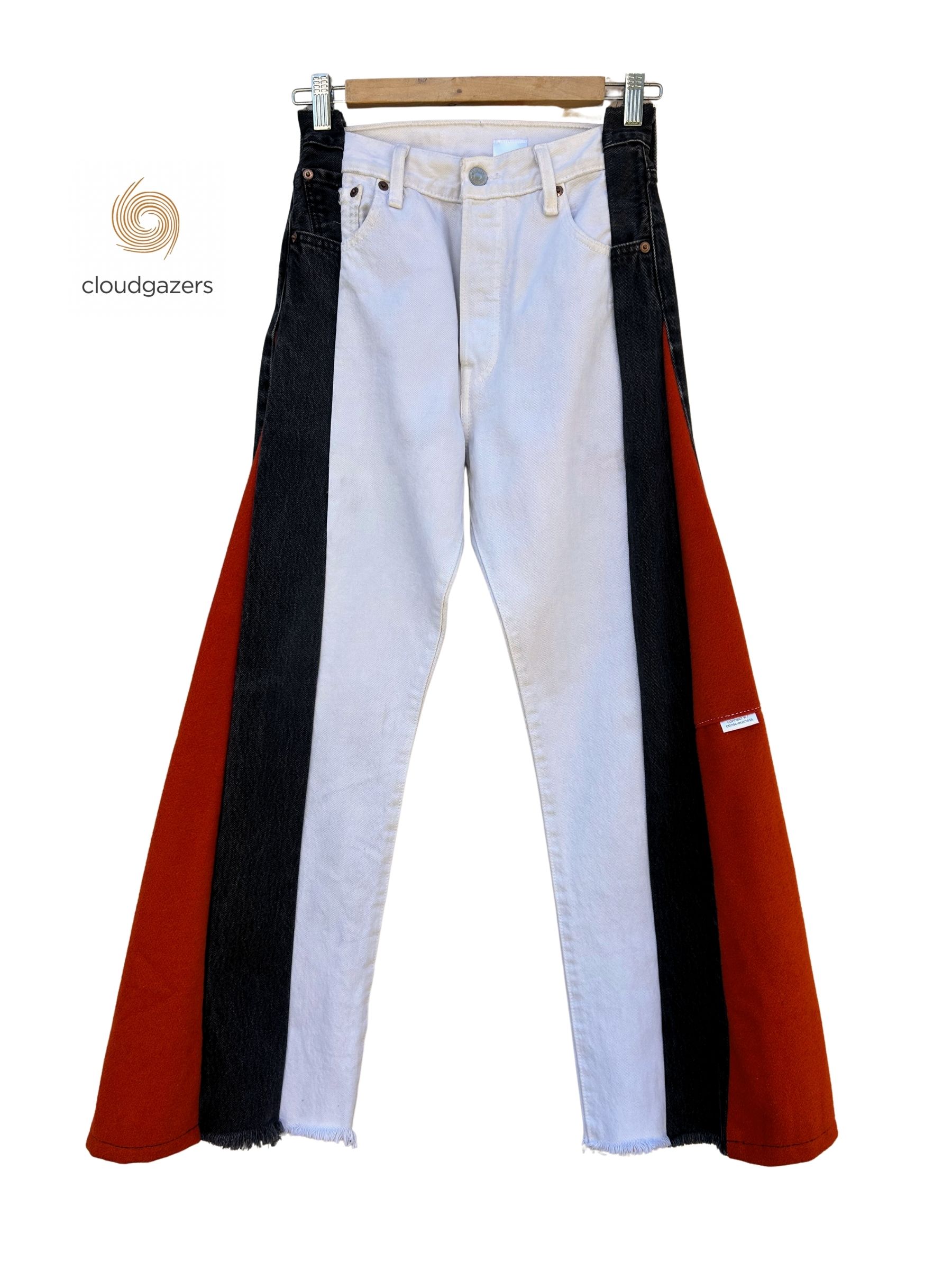 Wide Leg Colorblock Denim Patch Jeans with black and red denim panels, showcasing unique handmade clothing design.