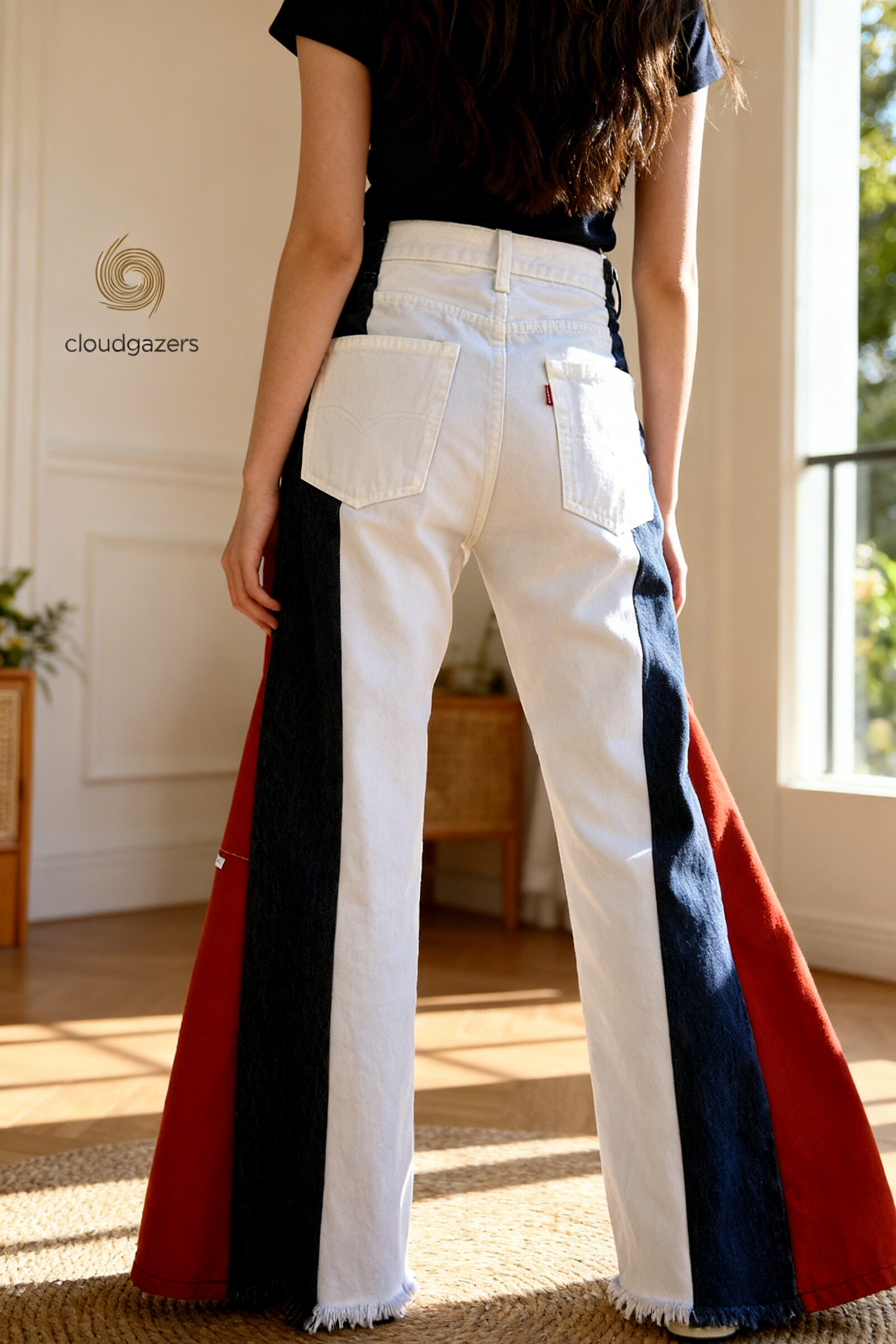 Wide Leg Colorblock Denim Patch Jeans in black and red denim, showcasing sustainable fashion and unique patchwork design.