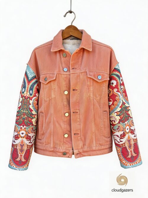 Peach Sunset Corduroy Jacket with paisley sleeves, showcasing handmade craftsmanship and one-of-a-kind sustainable fashion.
