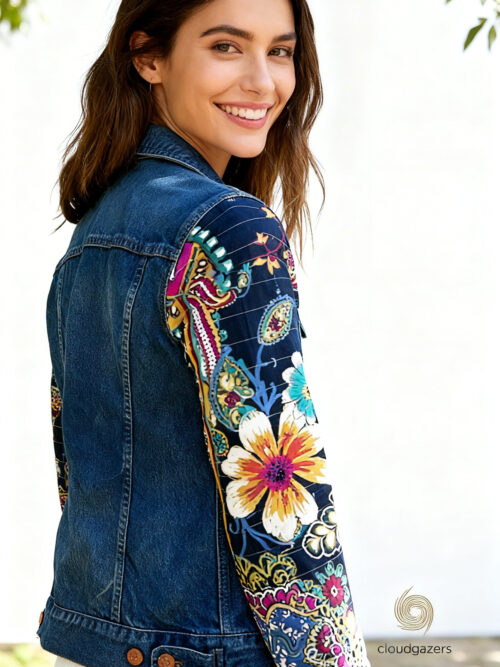 Denim Jacket with Handmade Floral Sleeves features a classic blue denim body with colorful quilted floral sleeves.