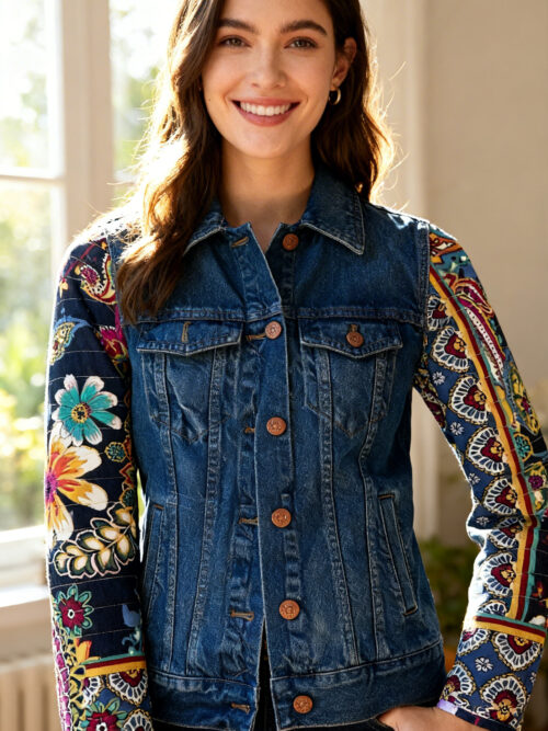 Denim Jacket with Handmade Floral Sleeves features a classic blue denim body and vibrant quilted floral sleeves.