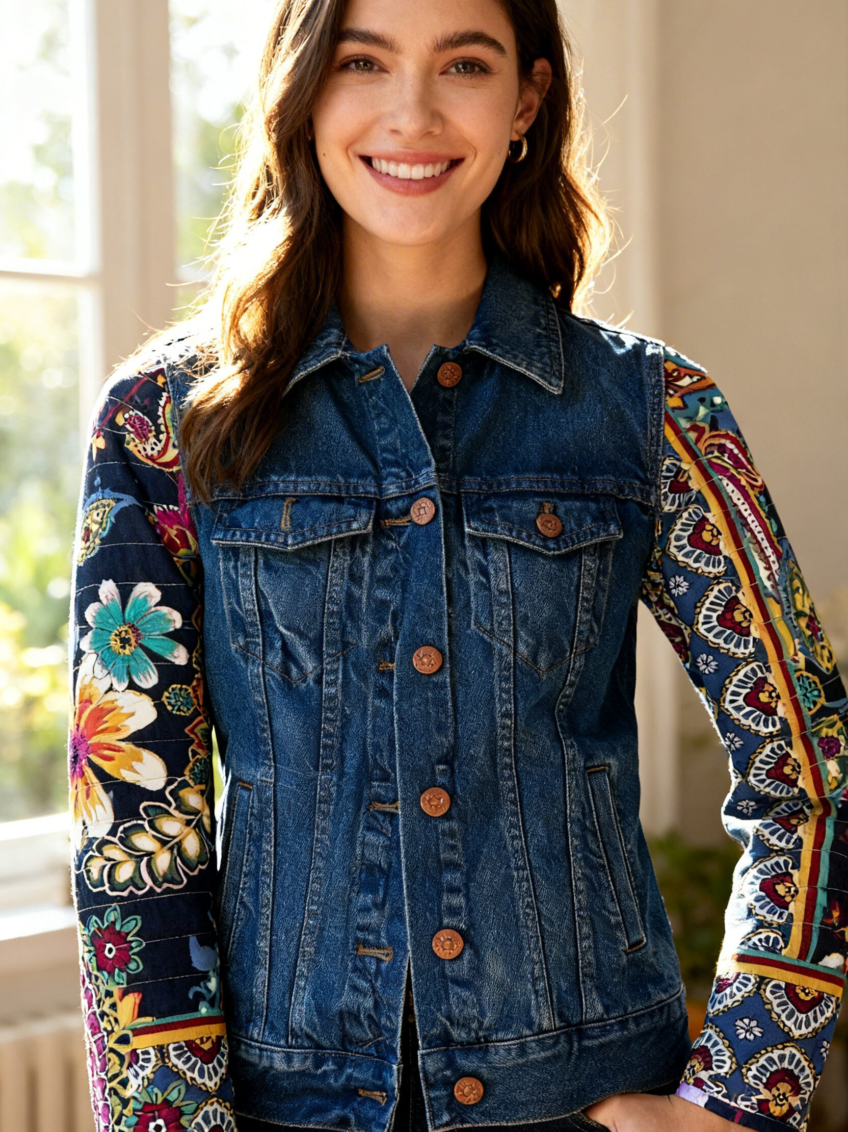 Denim Jacket with Handmade Floral Sleeves features a classic blue denim body and vibrant quilted floral sleeves.