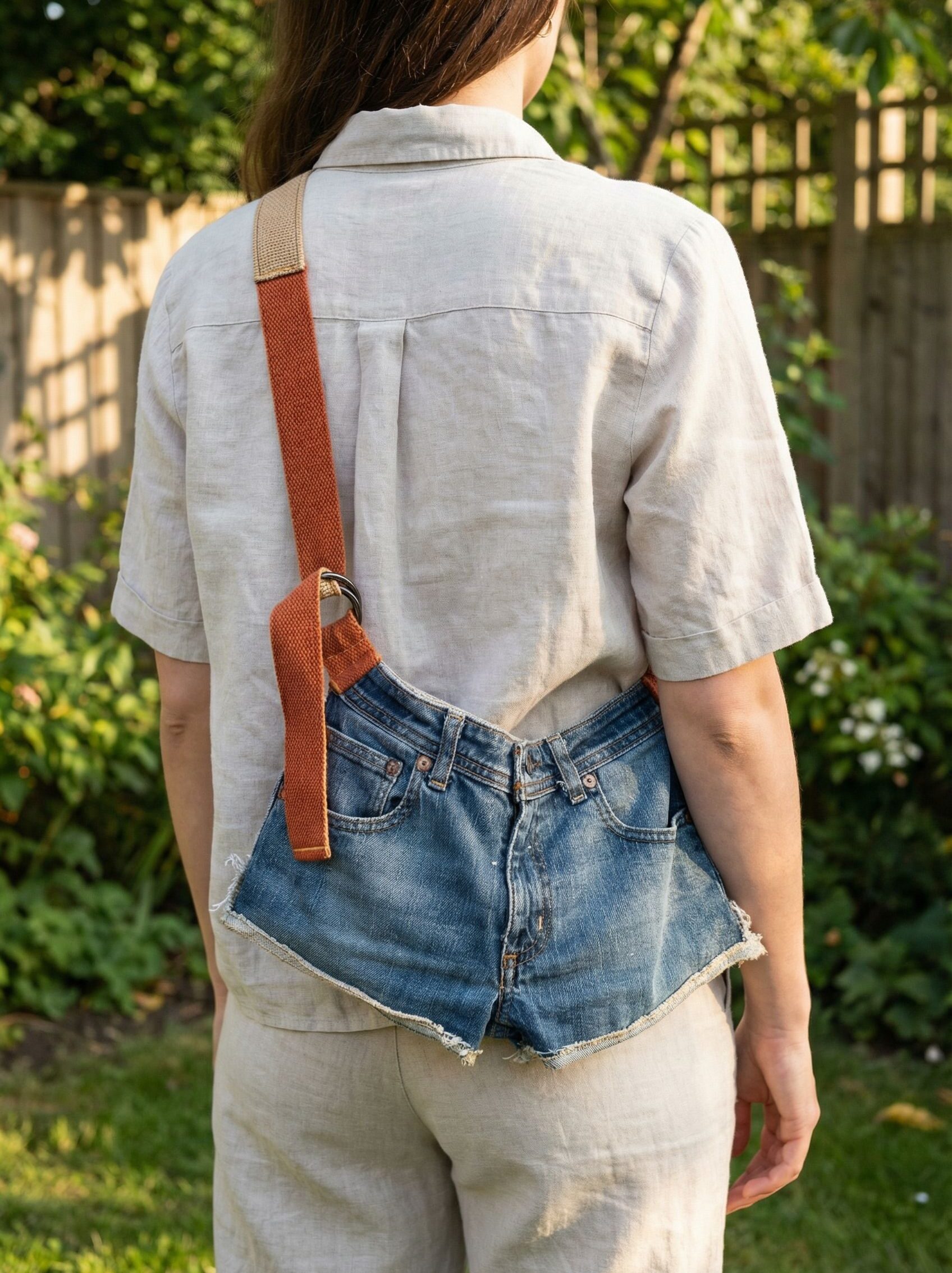 Hemp Linen Crossbody Bag w/ Booty Back, featuring an adjustable strap and unique denim design, embodies sustainable fashion.