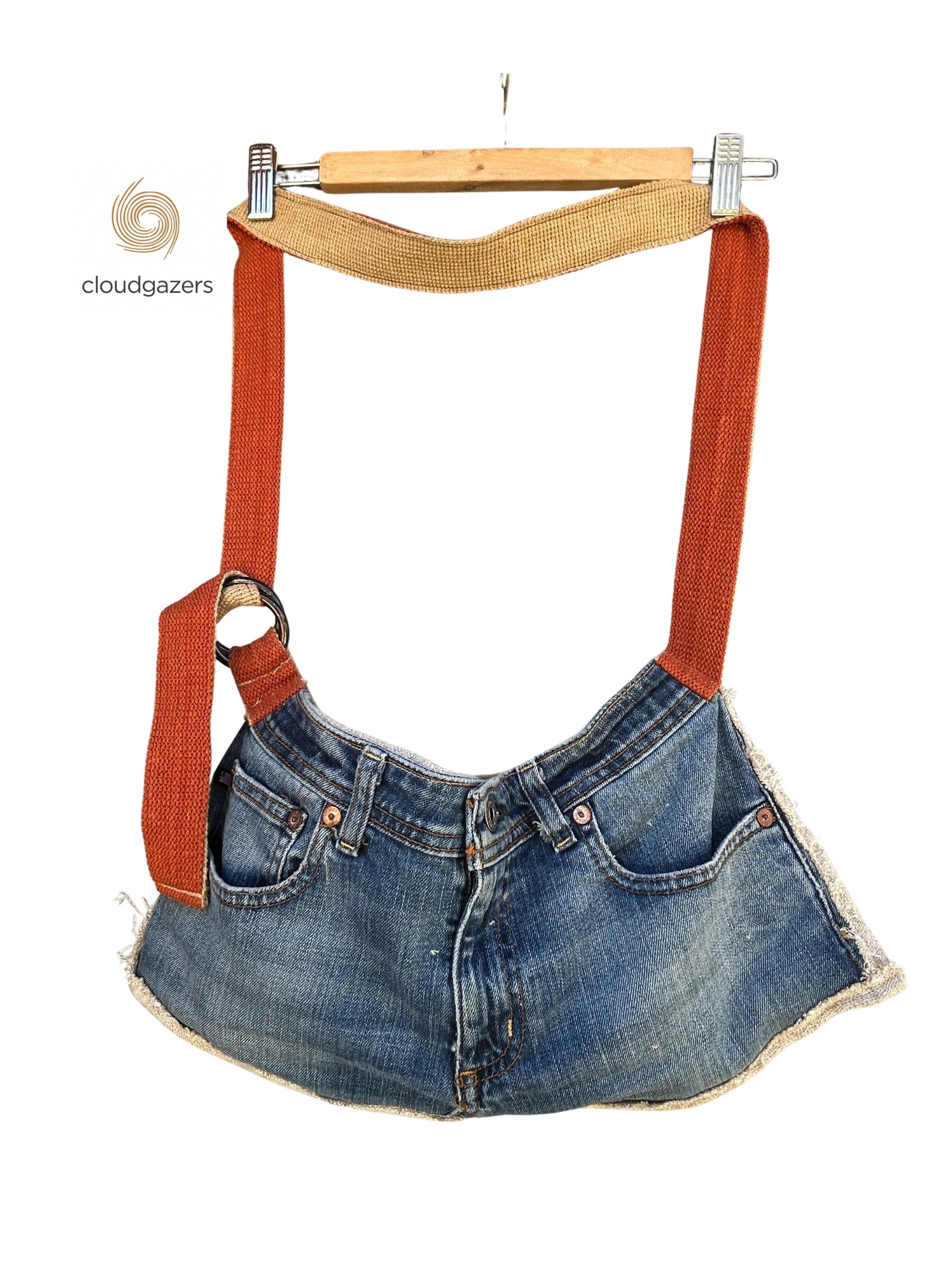 Hemp Linen Crossbody Bag w/ Booty Back featuring adjustable woven strap made from recycled denim and vegan leather.