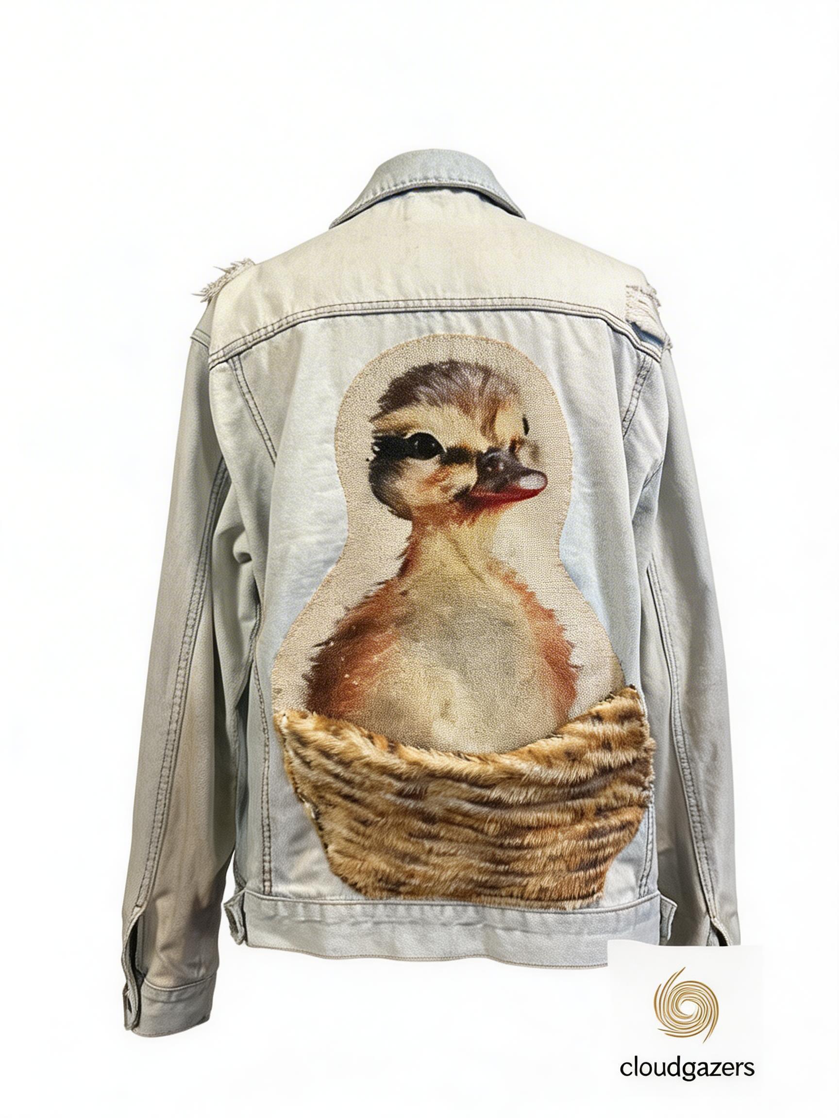Duck Patch Upcycled Denim Jacket featuring a handmade duck patch and faux fur nest on vintage-wash denim.