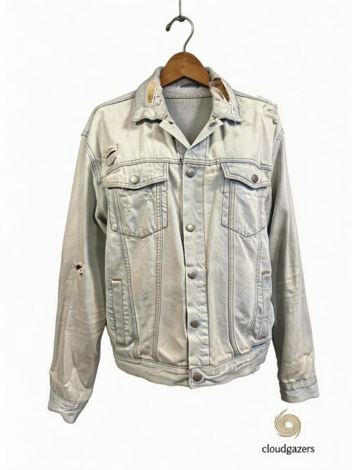 Vintage-wash Duck Patch Upcycled Denim Jacket with a handmade duck patch and faux fur nest on the back.