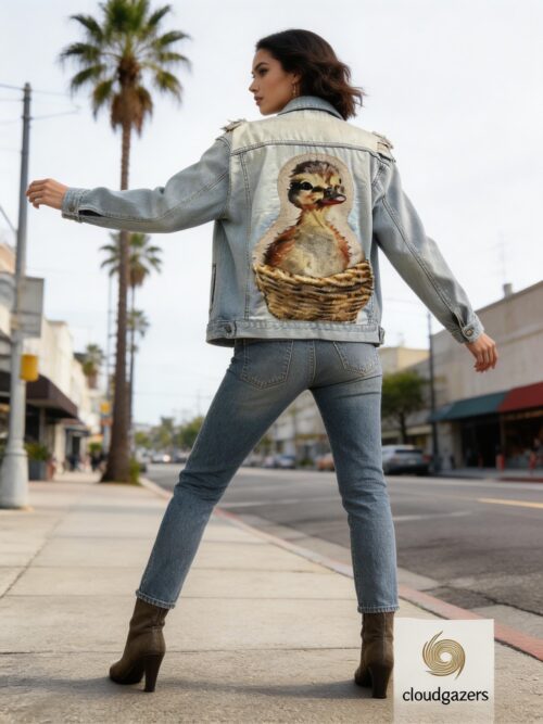 Duck Patch Upcycled Denim Jacket features a handmade duck patch and faux fur nest, styled with a vintage-wash look.