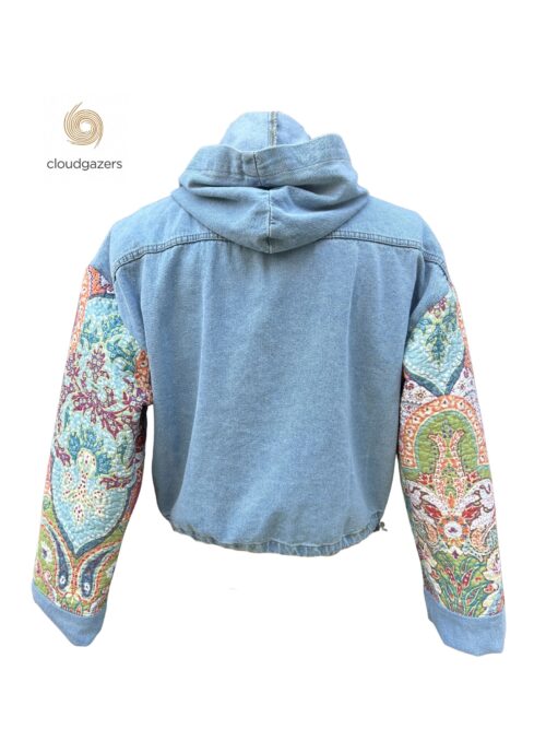 Patchwork Denim Jacket with Quilted Sleeves featuring oversized embroidered sleeves made from upcycled materials.