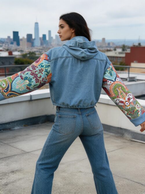 Patchwork Denim Jacket with Quilted Sleeves featuring oversized embroidered sleeves and upcycled materials, viewed from behind.