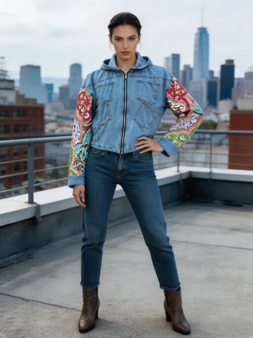 Patchwork Denim Jacket with Quilted Sleeves features vibrant, oversized quilted sleeves and upcycled denim for sustainable fashion.