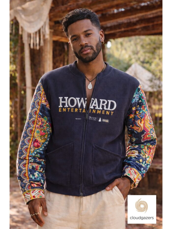 Re-imagined Howard Jacket (One of One) featuring a deep navy body and vibrant quilted floral sleeves, showcasing sustainable fashion.