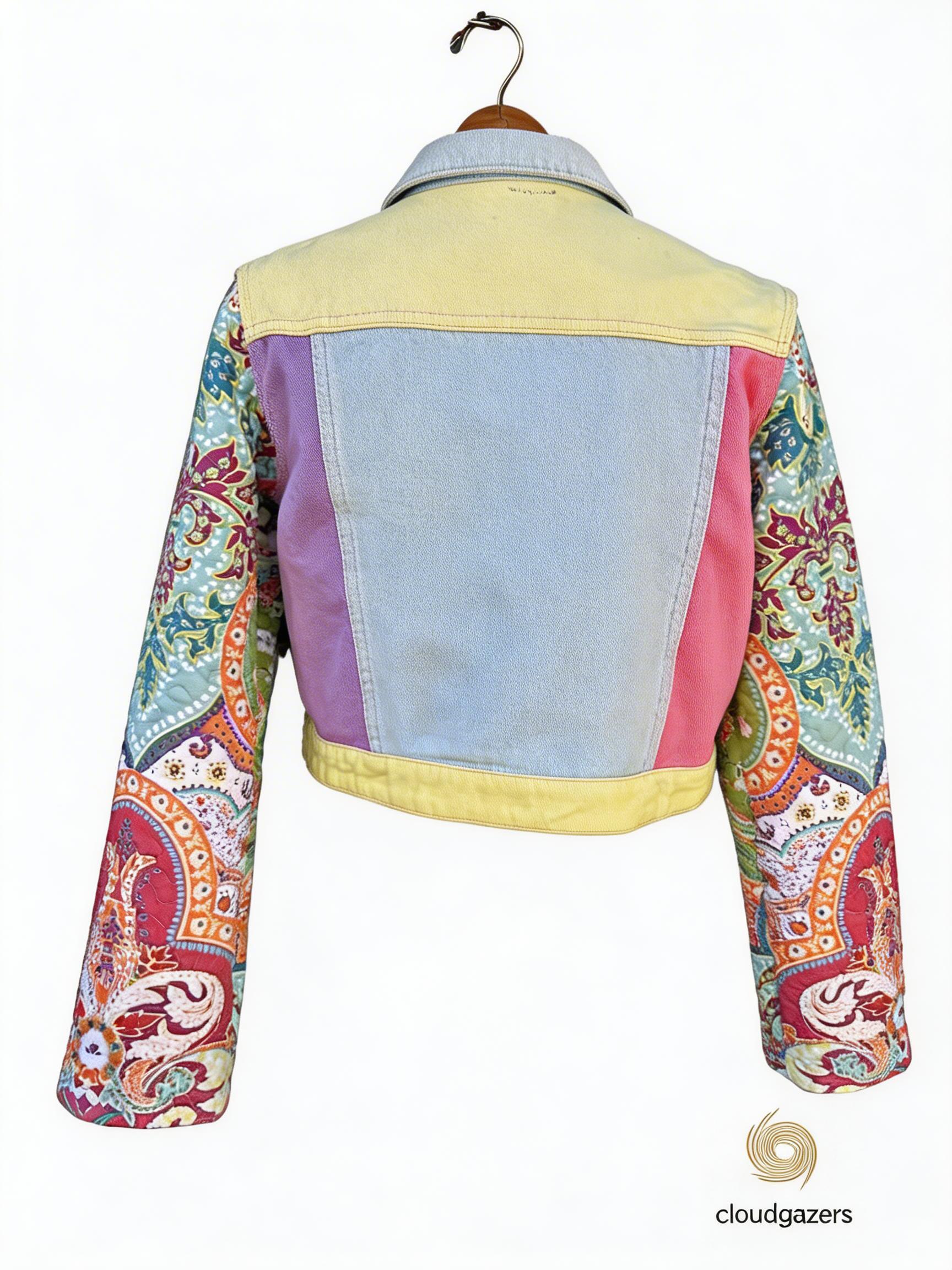 Handmade Patchwork Denim Jacket with paisley sleeves featuring colorful patchwork panels in a cropped design.