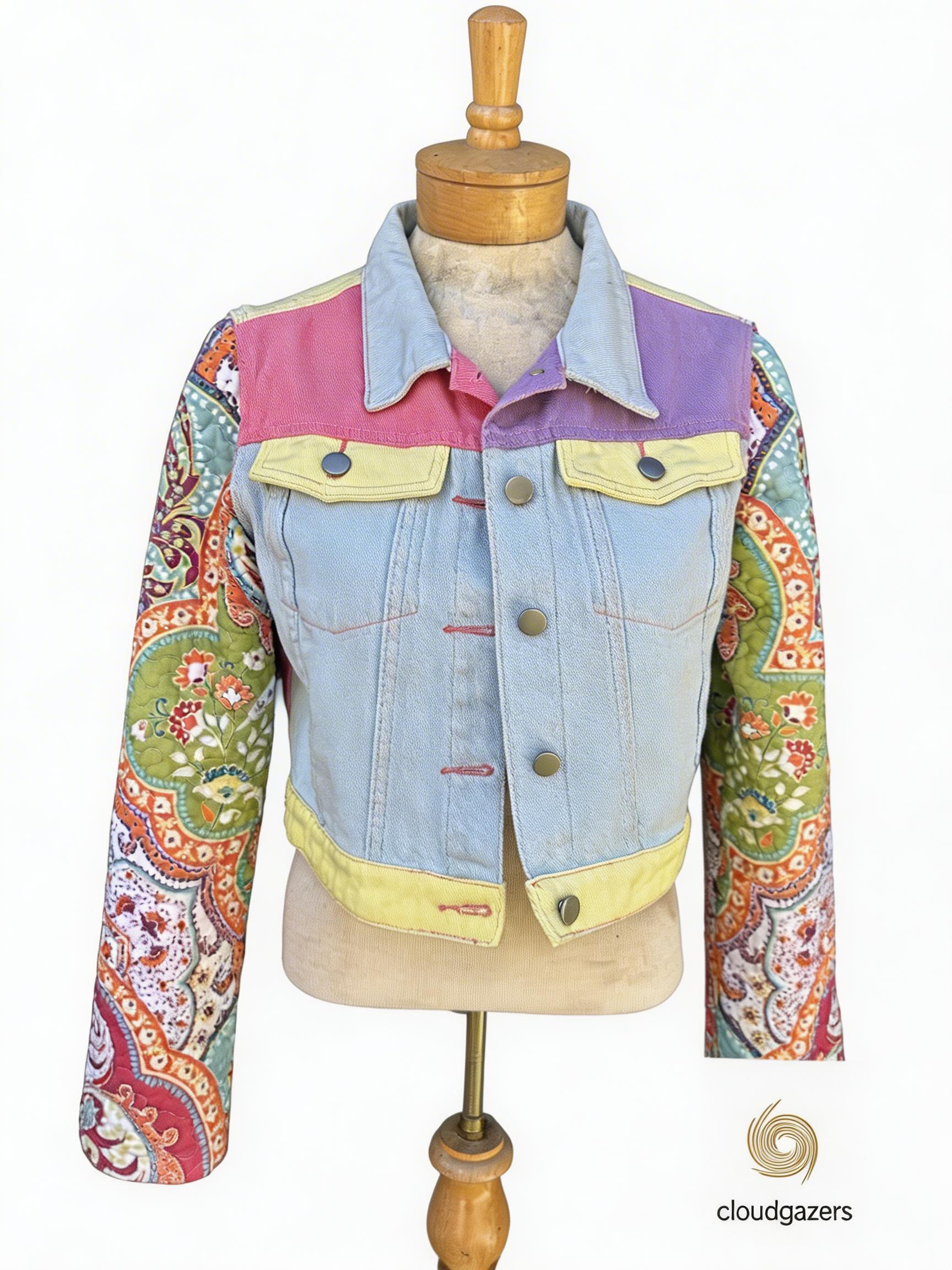 Handmade Patchwork Denim Jacket with Paisley Sleeves, featuring colorful patchwork panels and unique details.