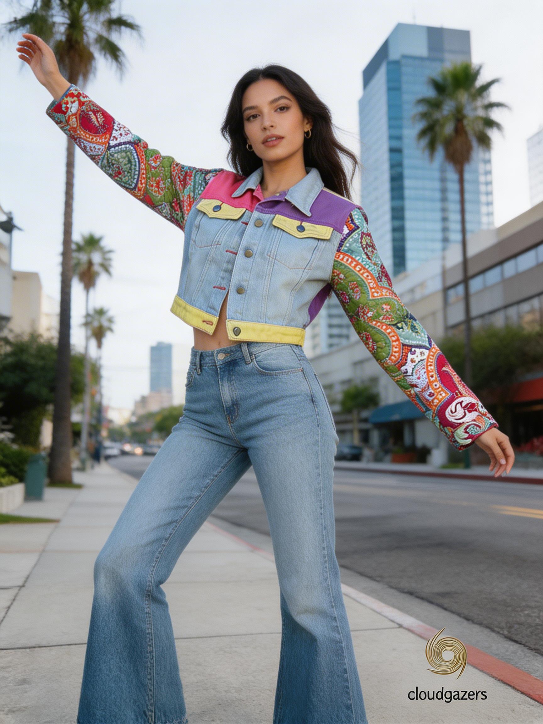 Patchwork Denim Jacket with Paisley Sleeves, handmade cropped jacket with colorful paisley sleeves and patchwork panels.