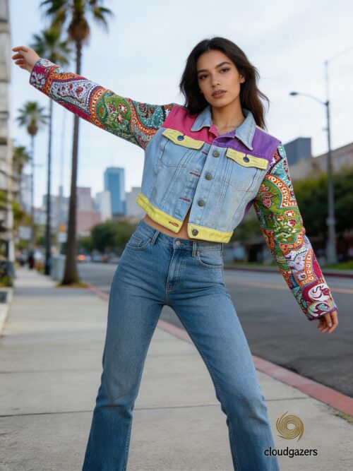 Handmade Patchwork Denim Jacket with colorful paisley sleeves, showcasing a unique and sustainable fashion design.