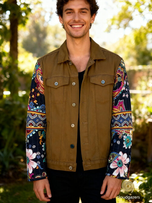 Olive Twill Jacket with Quilted Floral Patchwork Sleeves showcases colorful patchwork floral details on handmade clothing.