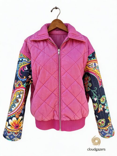 Quilted Paisley Sleeve Bomber Jacket in pink with bold paisley print sleeves, handmade from upcycled fabrics for sustainable fashion.