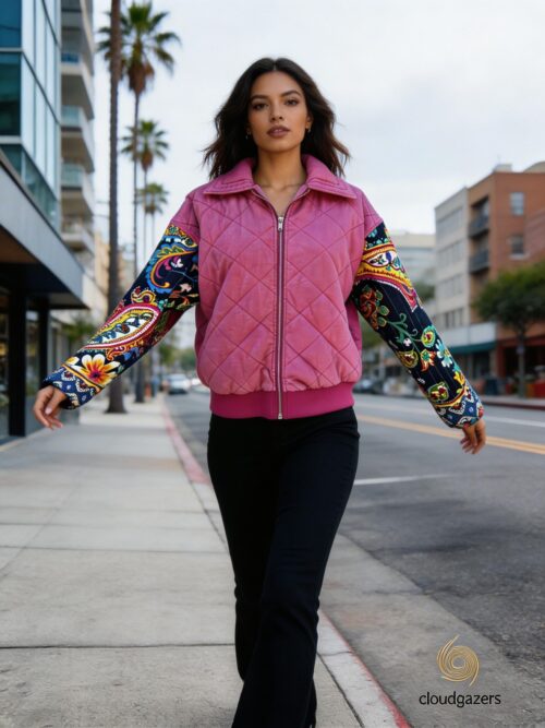 Quilted Paisley Sleeve Bomber Jacket in pink with bold paisley sleeves, showcasing handmade, one-of-a-kind sustainable fashion.