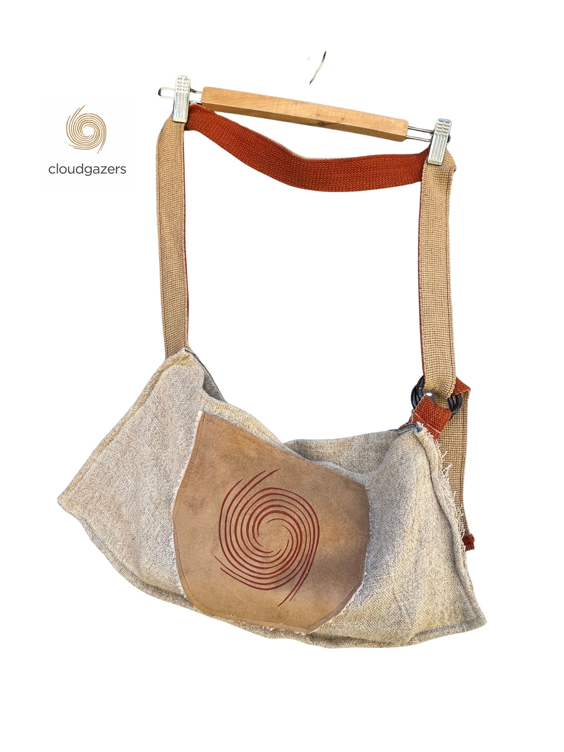 Hemp Linen Crossbody Bag w/ Booty Back, handmade with vegan leather and adjustable woven strap, showcases sustainable fashion.