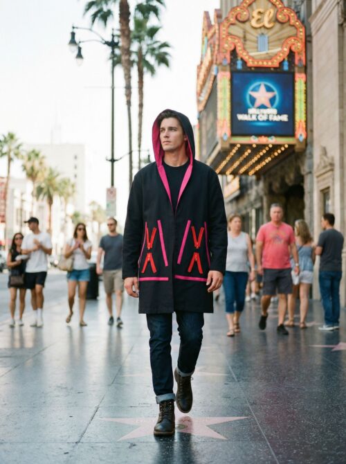 Unisex Hooded Jacket with Zippers in black with bold hot pink details, part of handmade sustainable fashion collection.