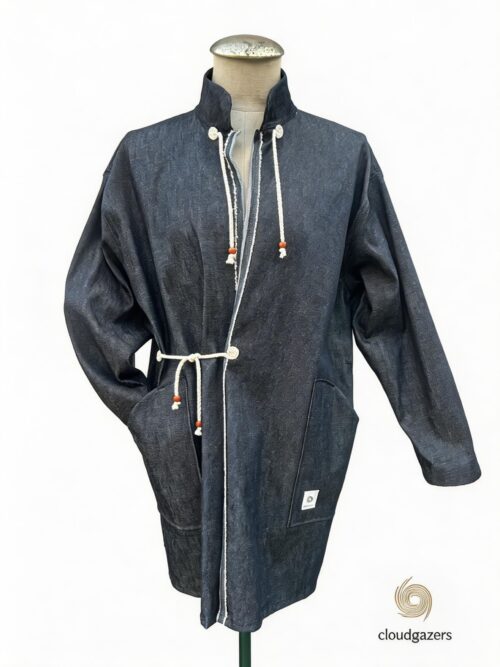Handmade Denim Drawstring Jacket with Bead Detail featuring natural drawstrings and wood bead accents, made from upcycled materials.