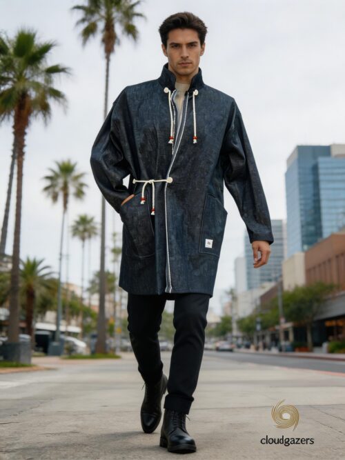 Handmade Denim Drawstring Jacket with Bead Detail featuring natural drawstrings and wood bead accents on a city street.