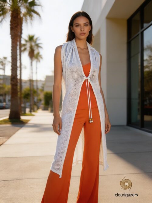 Lightweight Knit Shawl with Drawstring, open-knit cardigan with raw edges, styled over orange pants in Los Angeles.