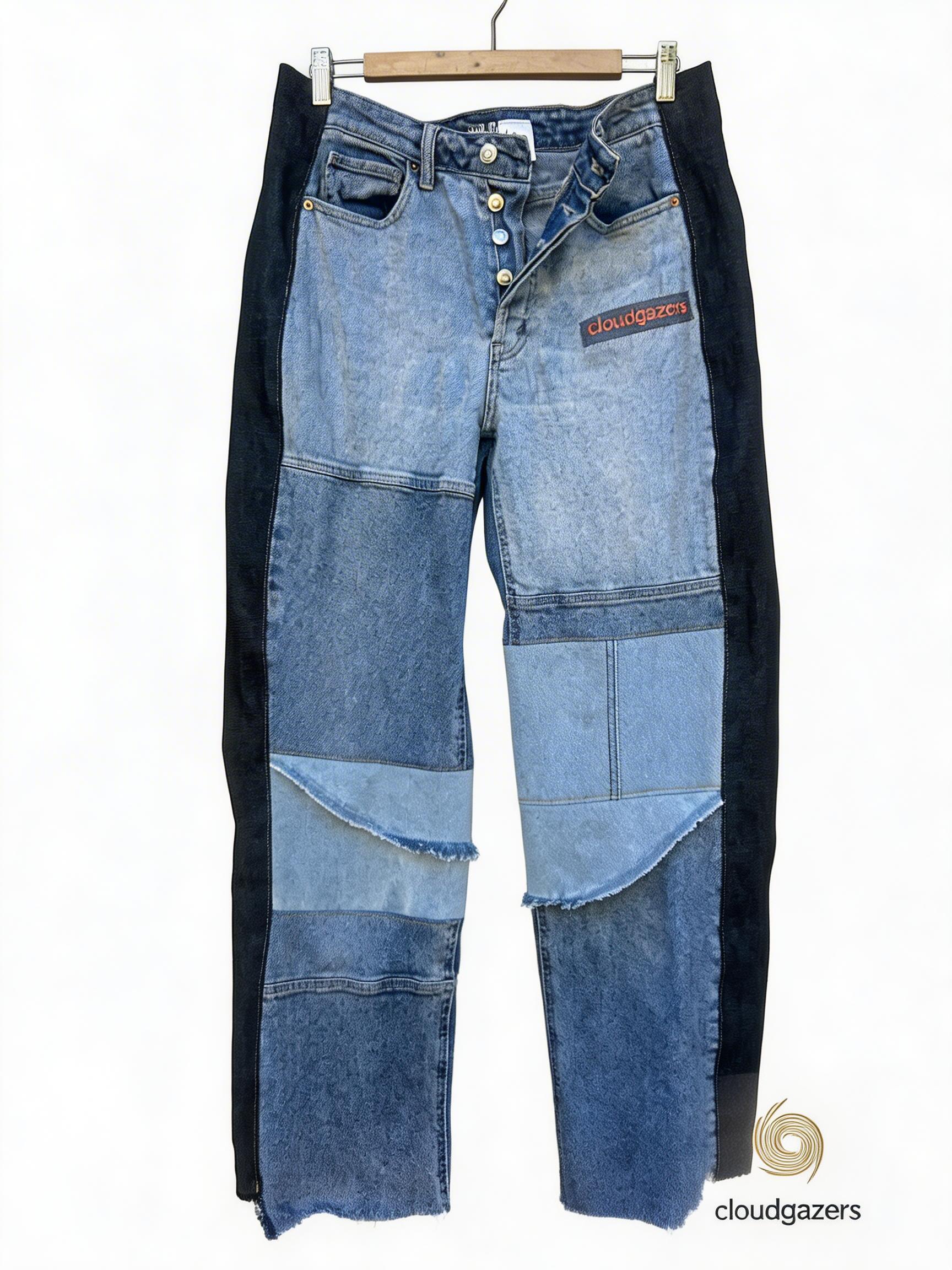 Mixed Denim Patchwork Pants w/ Side Panels feature handmade patchwork panels and dark blue side stripes, showcasing unique design.