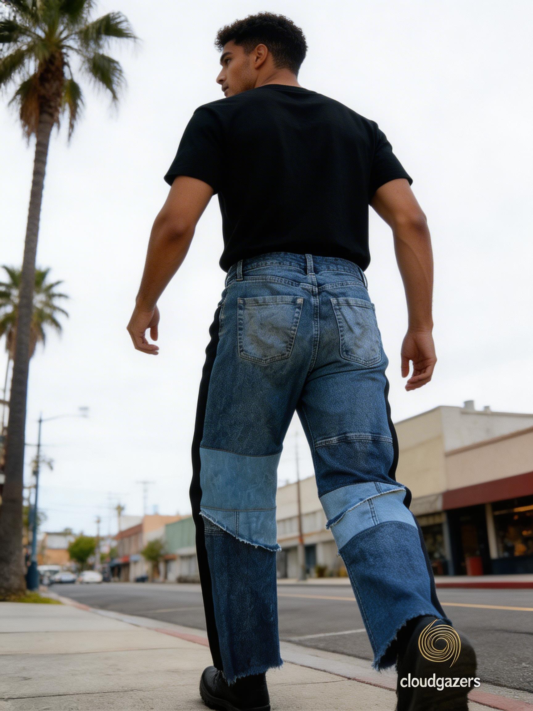 Mixed Denim Patchwork Pants w/ Side Panels feature unique patchwork and dark blue side stripes in a street setting.