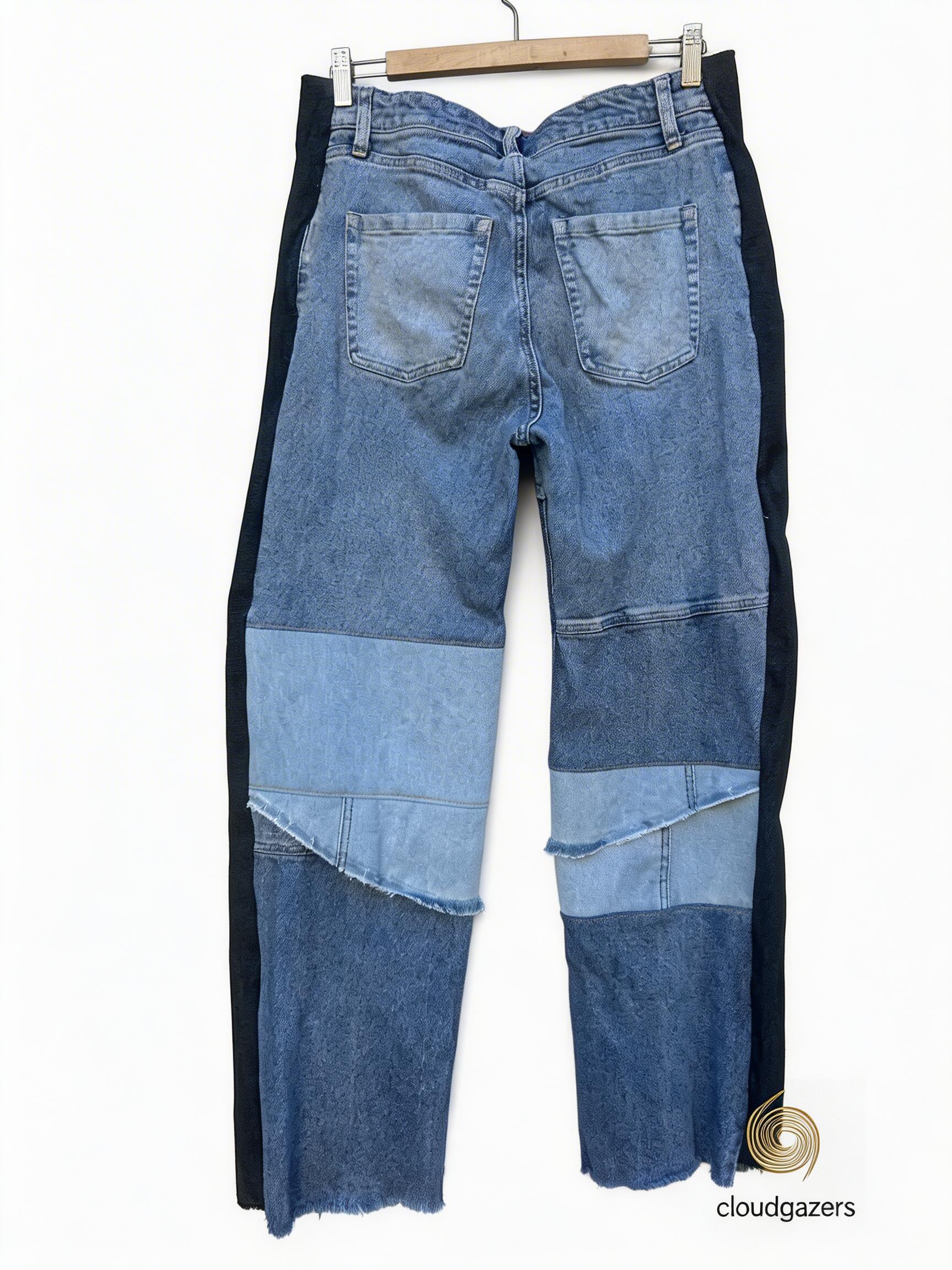 Mixed Denim Patchwork Pants w/ Side Panels featuring unique patchwork and dark blue side stripes, embodying sustainable fashion.