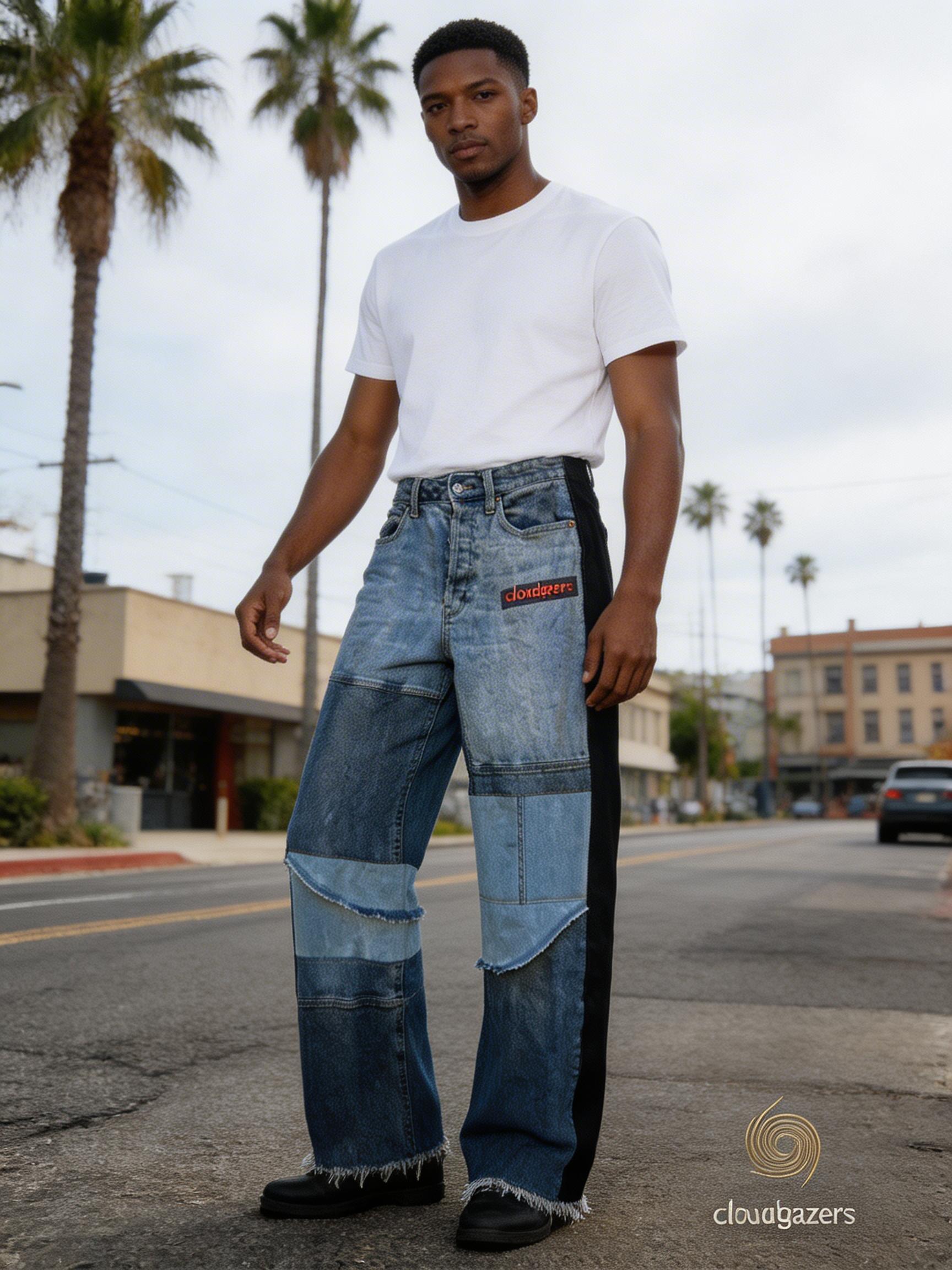Mixed Denim Patchwork Pants w/ Side Panels feature handmade patchwork and dark blue side stripes for unique conscious fashion.