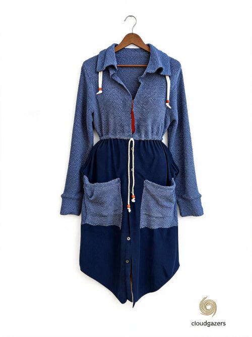 Relaxed Indigo Dress made from Sweater and Shirt, featuring textured knit, roomy pockets, and a drawstring waist.